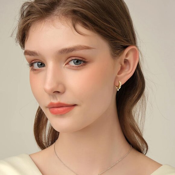 Pearl Hoop Earrings Gold 14K Women's Romantic Wedding Elegant Gift - Picture 4 of 7